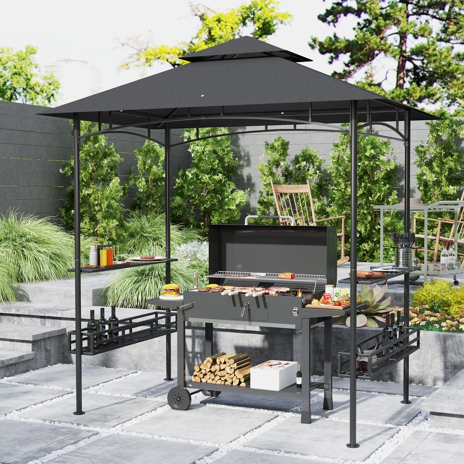 150 x 240cm BBQ Grill Gazebo, with Shelves - Grey