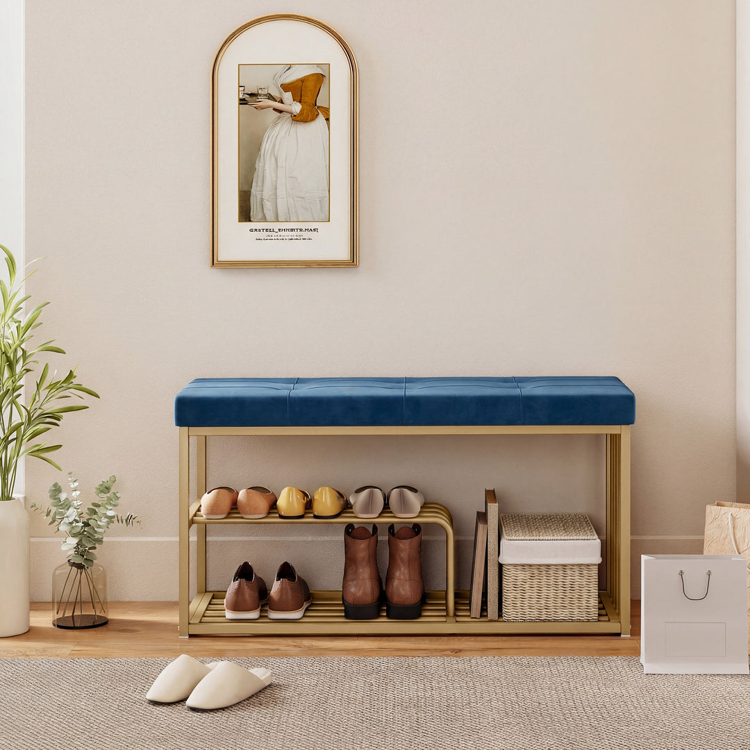 Bench and Shoe Storage, Tufted Shoe Storage Bench with Velvet Seat Cus