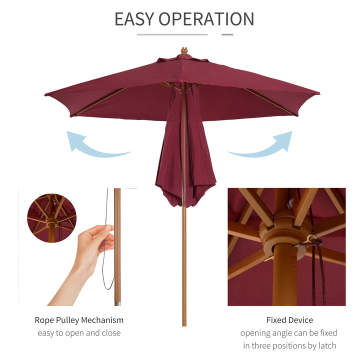 Outsunny Wooden Garden Parasol, 2.5m Outdoor Umbrella Sun Shade with Pulley System, Wine Red | Aosom UK