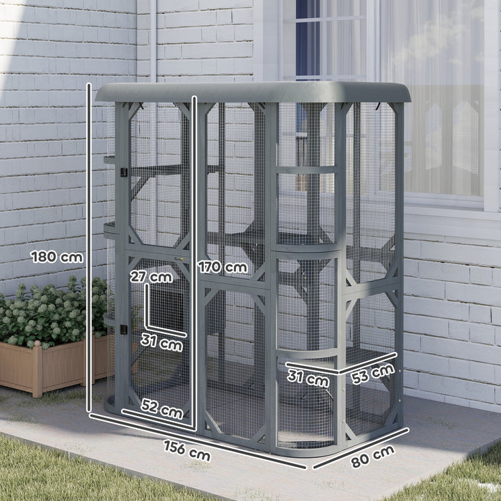 Catio Outdoor Cat Enclosure, Wooden Cat House with Platforms, Condo and Waterproof Cover for 2–3 Kittens