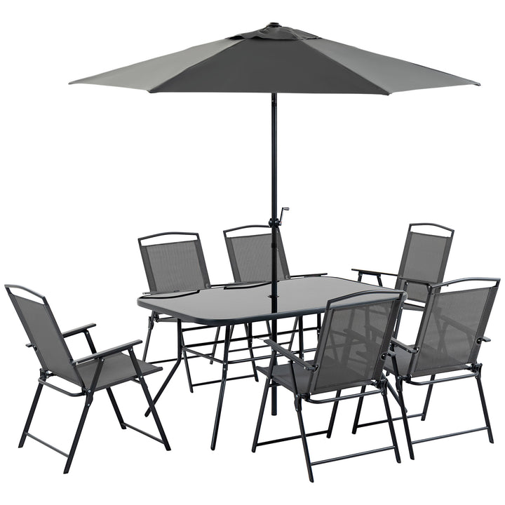 Outsunny 8 Pieces Metal Garden Furniture Set with Parasol and Folding Chairs, Patio Dining Set, 6 Seater Outdoor Table and Chairs with Tempered Glass Top, Black