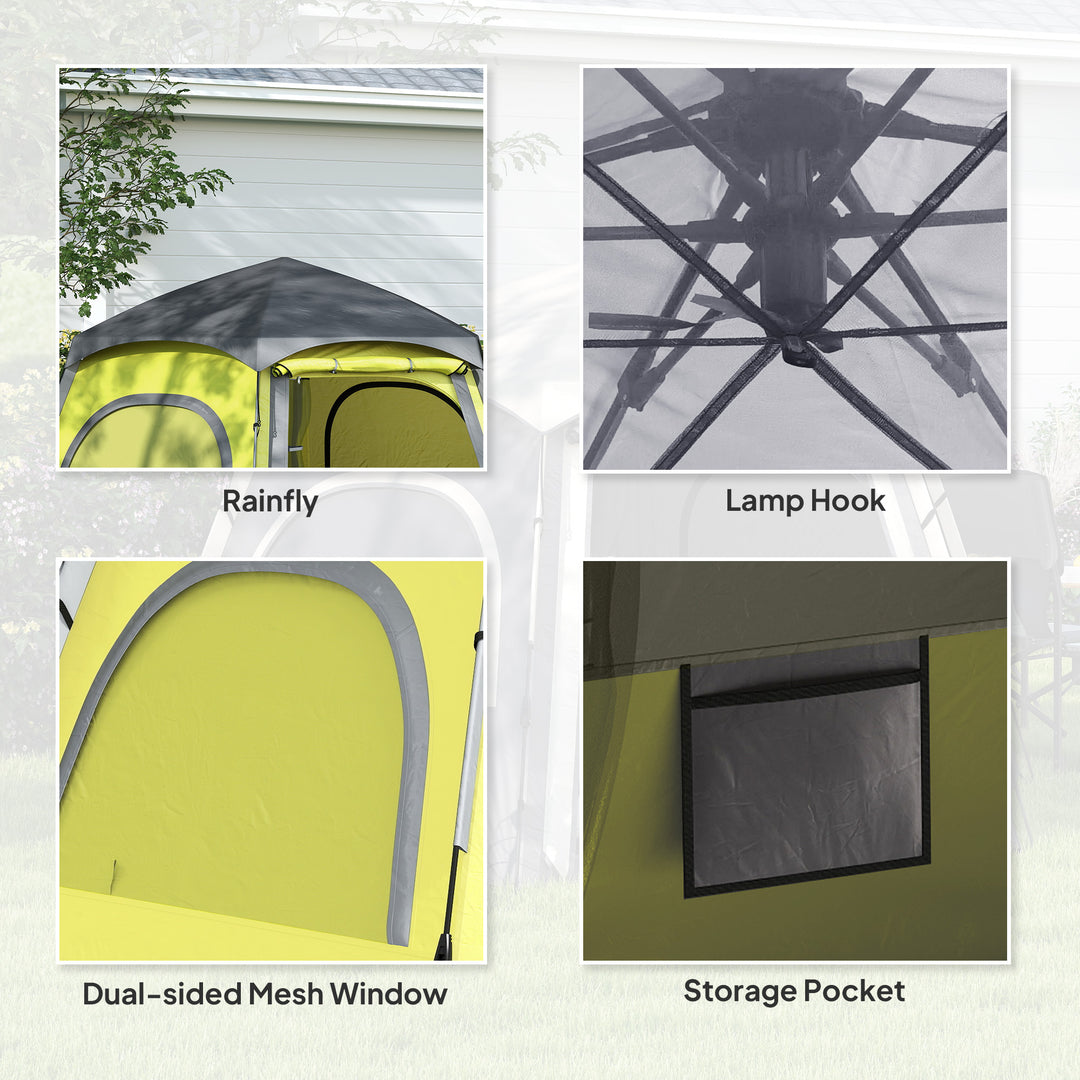 Instant Pop Up Camping Tent, 2/3/4 Person Easy Setup Dome Family Tent with Vestibule, Rainfly, 4 Mesh Windows & 2 Doors, Hexagonal Design, Waterproof & UV Protected, Yellow Green