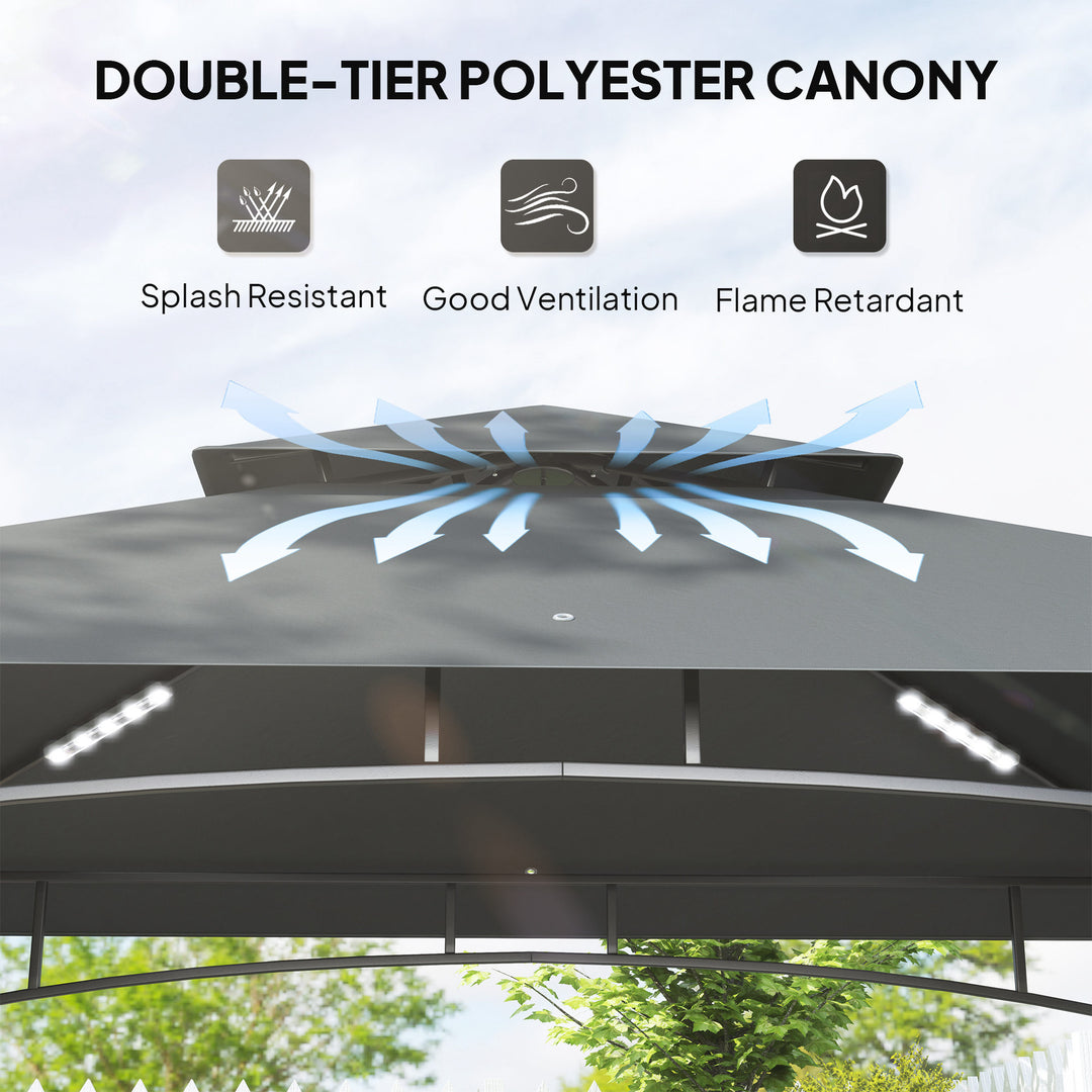 8' x 5' Grill Gazebo, Double Tiered BBQ Gazebo Shelter Canopy with LED Lights, 2 Side Shelves, Hooks, Dark Grey