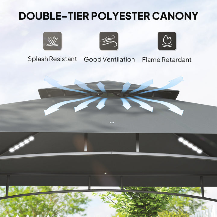 8' x 5' Grill Gazebo, Double Tiered BBQ Gazebo Shelter Canopy with LED Lights, 2 Side Shelves, Hooks, Dark Grey