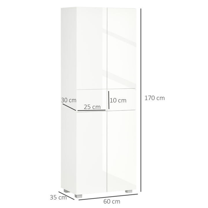 4-Door Kitchen Cupboard, Tall Freestanding 5-Tier Storage Cabinet with 3 Adjustable Shelves, 2 Drawers for Living Room, Dining Room, Push to Open Design, High Gloss White