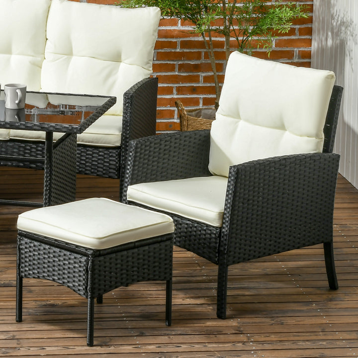 5 Seater Rattan Garden Furniture Set, 2 Armchairs, 3-Seater Wicker Sofa, 2 Footstools and Glass Table, 6 Piece Patio Rattan furniture Sofa Sets with Cushions for Conservatory, White