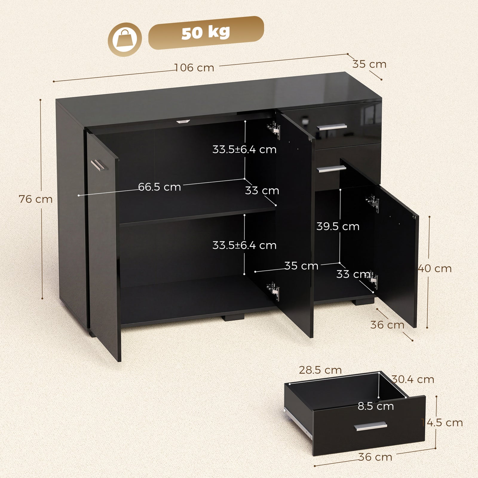 Sideboard, Modern Storage Cabinet with 2 Drawers, 3 Doors and Adjustab