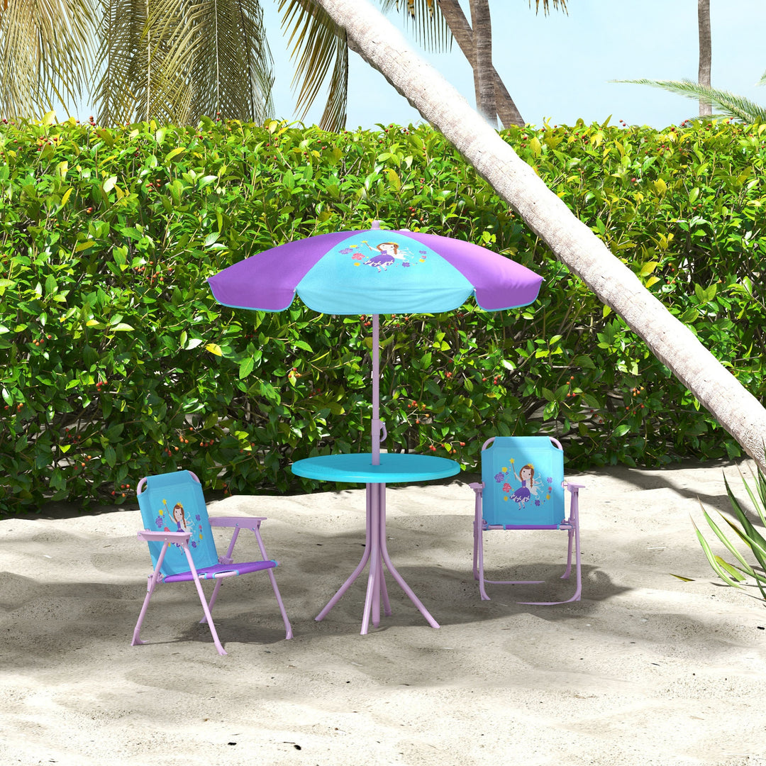 Outsunny Kids Picnic Table and Chair Set, Fairy Themed Outdoor Garden Furniture w/ Foldable Chairs, Adjustable Parasol