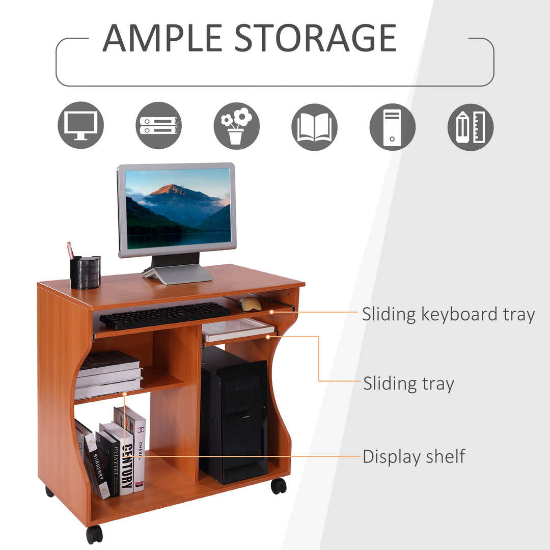 HOMCOM Computer Desk on Wheels, Movable Workstation with Sliding Keyboard Tray, Storage Shelves, 80x48x76cm | Aosom UK