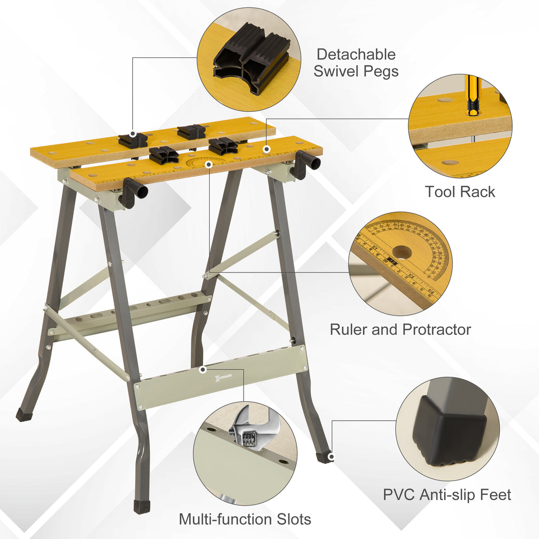 DURHAND 4-in-1 Work Bench, Saw Horse Folding Clamp Table w/ 4 Adjustable Clamping Pegs for DIY Home Garage, Grey