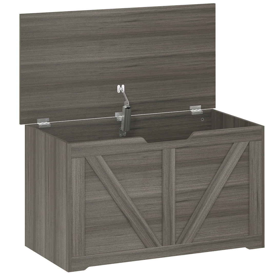100L Home Storage Box, with Safety Hinge - Dark Grey Wood-Effect