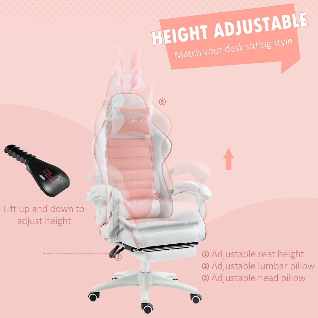 Vinsetto Racing Gaming Chair, Reclining PU Leather Computer Chair with Removable Rabbit Ears, Footrest, Headrest and Lumber Support, Pink
