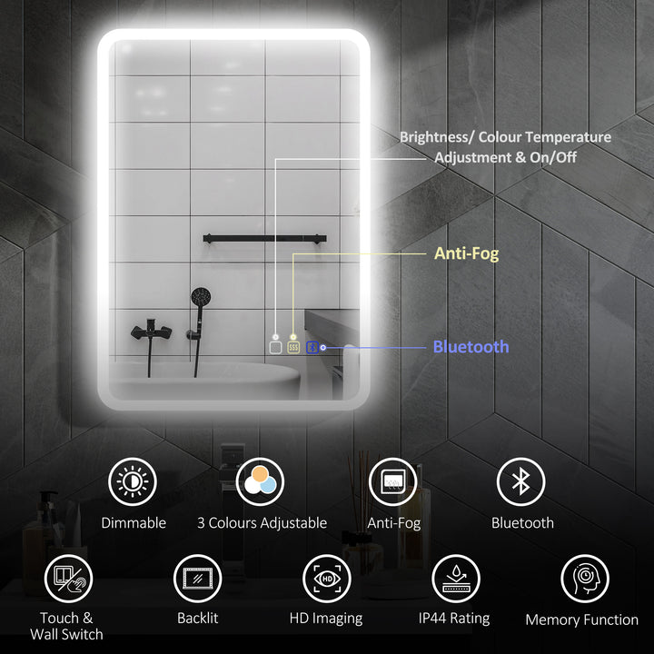 70 x 50cm LED Bathroom Mirror, with Bluetooth - Silver Tone