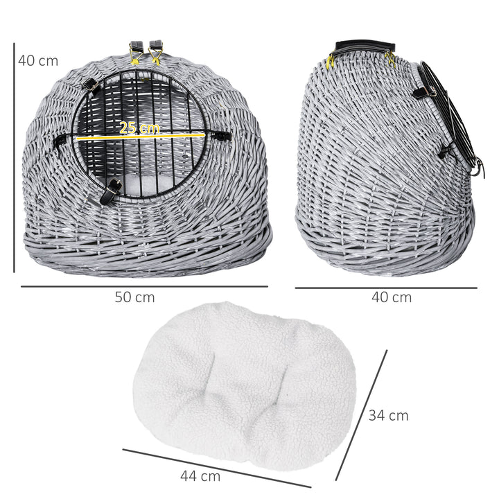 PawHut Wicker Cat Carrier, Portable Pet Basket with Cushion and Handle, Travel Cage for Cats and Kittens, Grey, 50 x 40 x 40 cm | Aosom UK