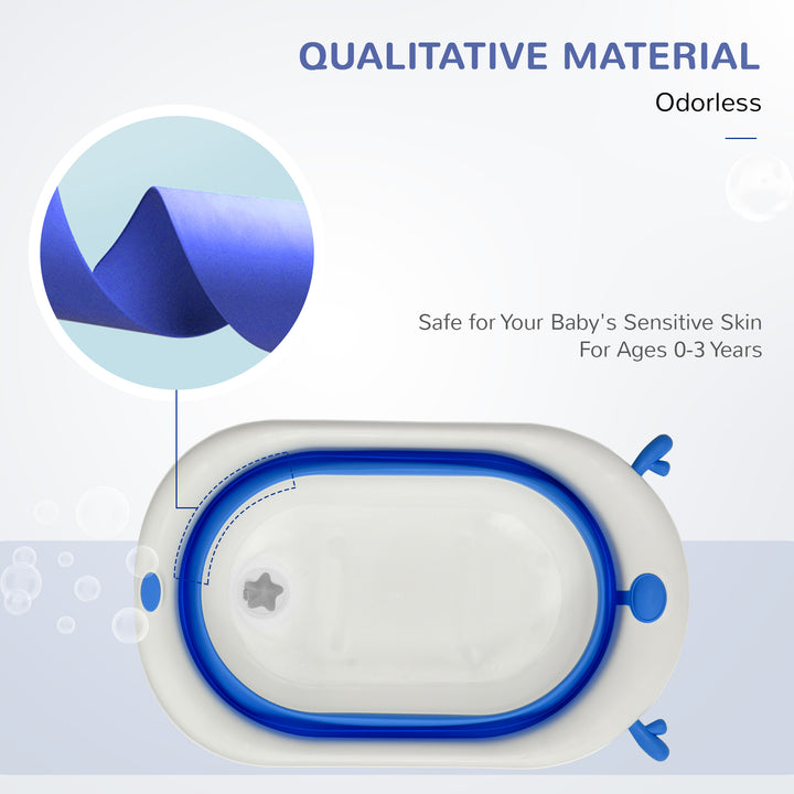 Foldable Baby Bathtub Set, Collapsible Bath Tub with Thermostatic Water Plug, Non-Slip Support, Cushion Pad, Drain Plugs, for Newborn to 3 Years - Blue