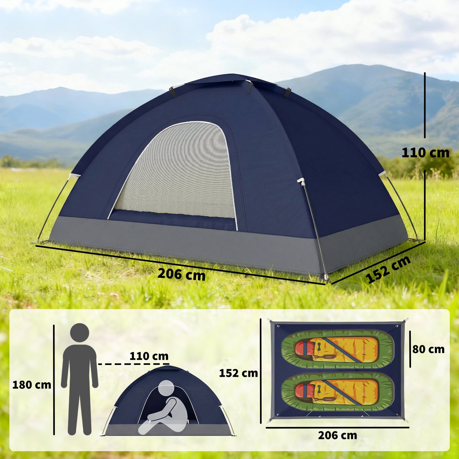 2 Person Camping Tent, Dome Tent with Zipped Doors, Storage Pocket, Po