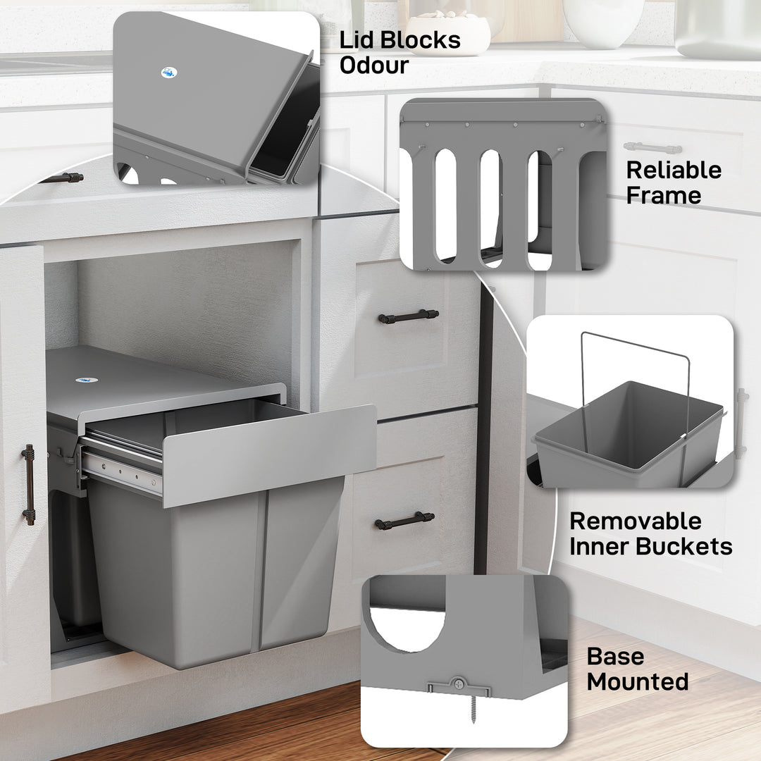 Pull Out Bin, Under Sink Bin - 2 Removable Compartments (15L Each) for 400mm Cabinets