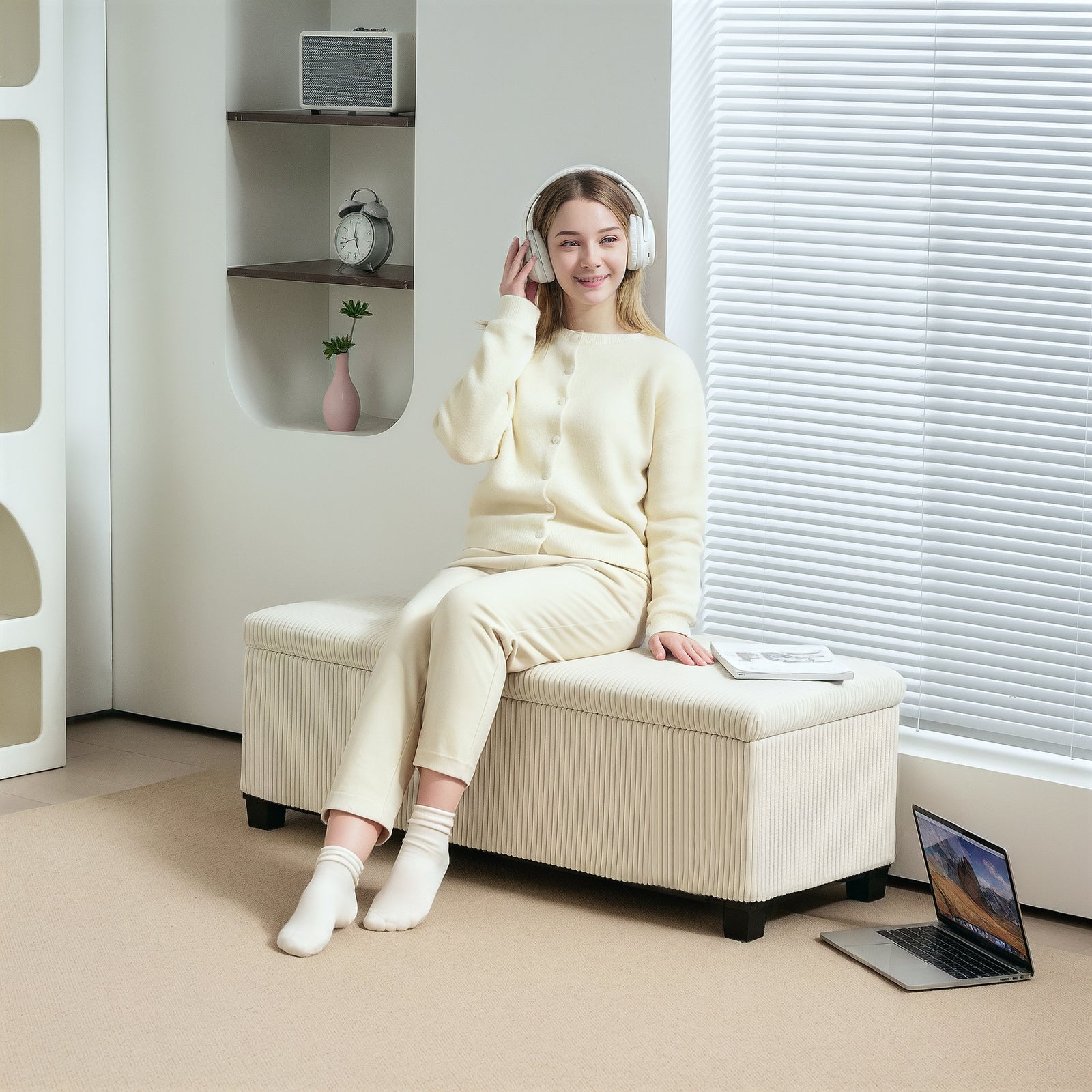 Storage Ottoman Bench, Corduroy Footstool with Removable Lid and Legs, 112cm Storage Chest Box for Living Room, Bedroom, Hallway, Beige