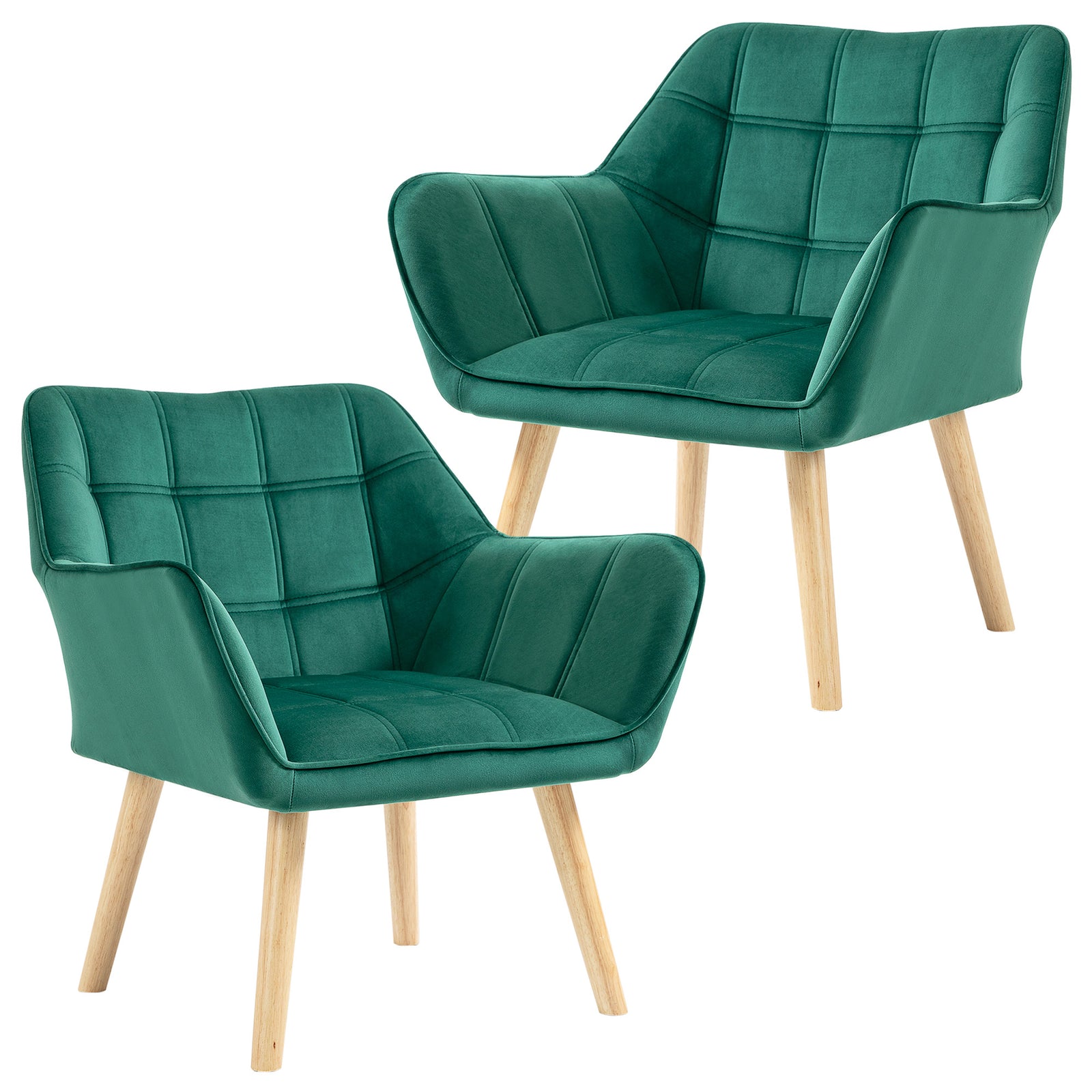 Armchair Accent Chair, Vanity Chair with Wide Arms, Slanted Back, Padding, Metal Frame, Wooden Legs, Home Bedroom Furniture Seating, Set of 2, Green