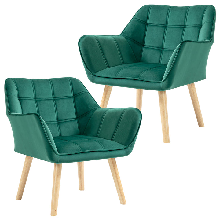 Armchair Accent Chair, Vanity Chair with Wide Arms, Slanted Back, Padding, Metal Frame, Wooden Legs, Home Bedroom Furniture Seating, Set of 2, Green