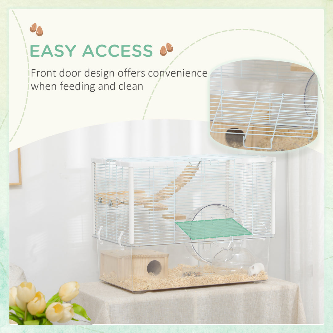 Hamster Cage, Gerbil Cage with Wooden Ramp, Exercise Wheel, Food Bowl - White