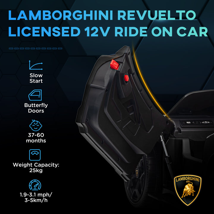 AIYAPLAY Lamborghini Revuelto Licensed 12V Ride on Car w/ Butterfly Doors, Transport Wheels, Suspension, Remote Control, Black