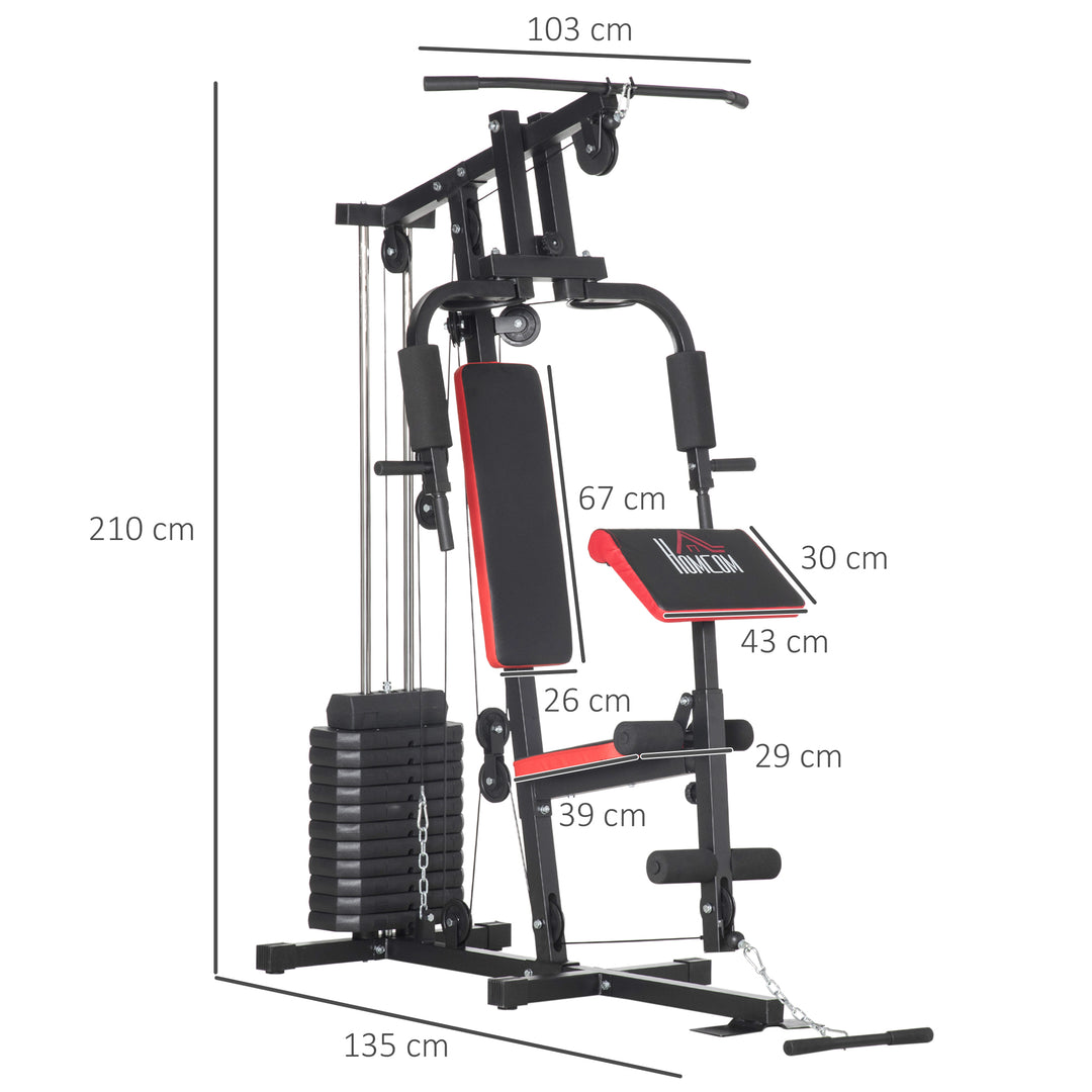 HOMCOM Multi Gym with Weights, Multifunction Home Gym Machine with 66kg Weight Stack for Full Body Workout and Strength Training, Red