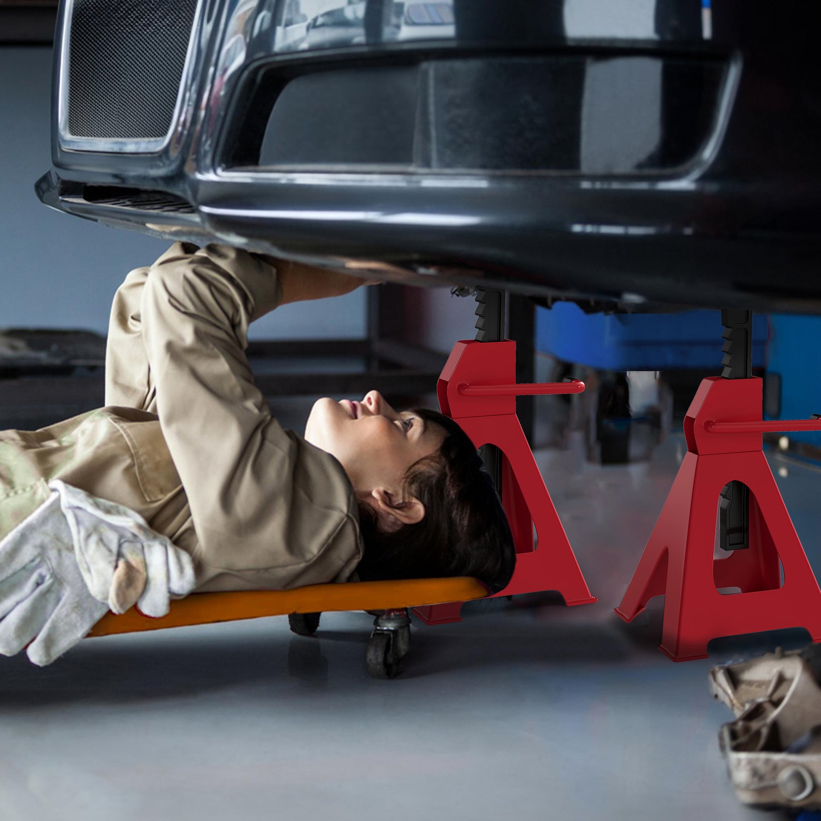 Axle Stands 3 Ton Car Jack Stands Pack of 2, 38.5-60 cm Height Adjustable Support Jack Stand, Heavy Duty Car Lift Tool for Vehicles, Caravans, Workshops, Garages, Red