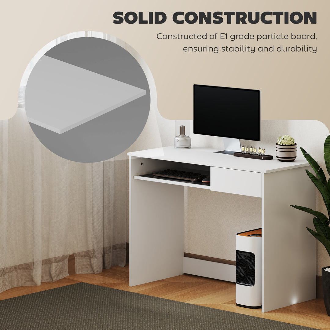 100cm Compact Computer Desk with Keyboard Tray, Home Office Desk with Drawer for Bedroom Study, White