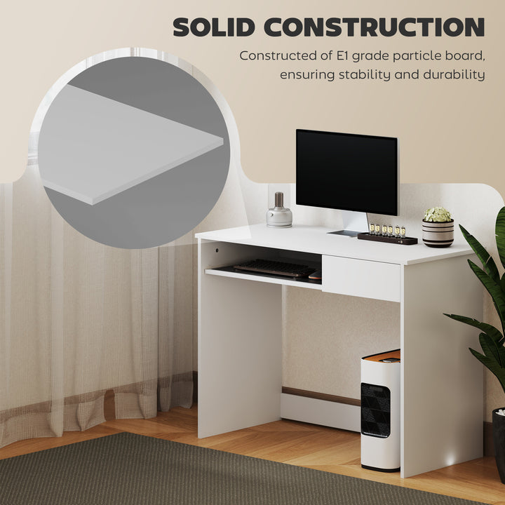 100cm Compact Computer Desk with Keyboard Tray, Home Office Desk with Drawer for Bedroom Study, White