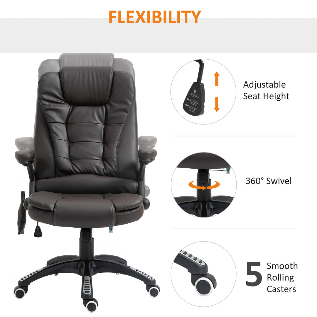 6-Point Massage Office Chair with Seat Heated for Home Office, PU Leather High Back Executive Desk Chair with Adjustable Height and 360° Swivel for Work Study, Brown