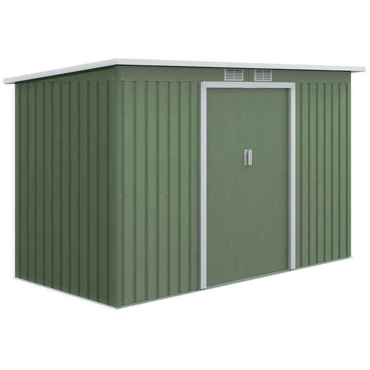 Outsunny 9 x 4.5 ft Pent Roof Metal Garden Storage Shed Corrugated Steel Tool Box with Foundation Ventilation & Doors, Light Green | Aosom UK