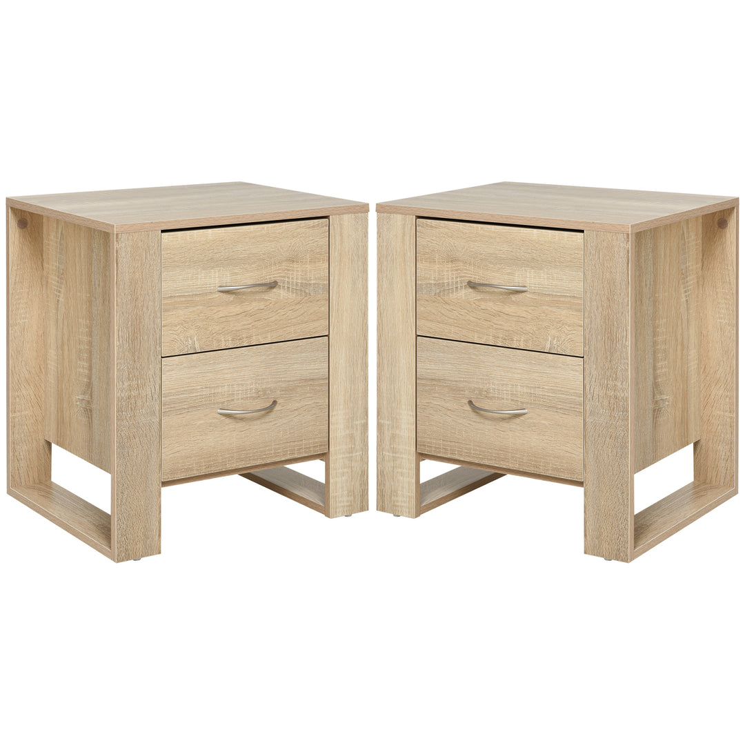 Bedside Table with 2 Drawers, Nightstand with Handles and Elevated Base, Side Table for Bedroom, Living Room, Set of 2, Brown