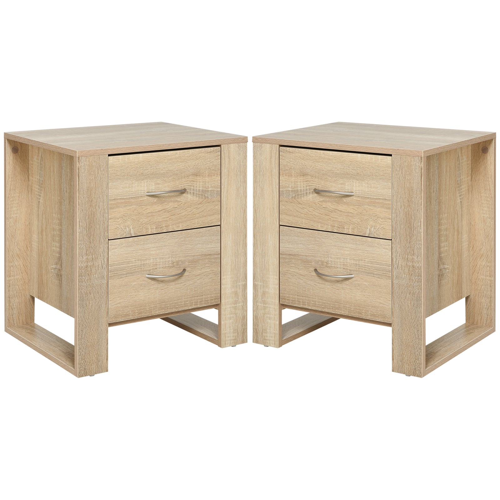 Bedside Table with 2 Drawers, Nightstand with Handles and Elevated Base, Side Table for Bedroom, Living Room, Set of 2, Brown