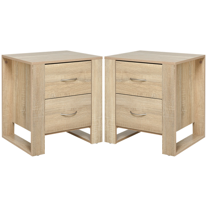 Bedside Table with 2 Drawers, Nightstand with Handles and Elevated Base, Side Table for Bedroom, Living Room, Set of 2, Brown