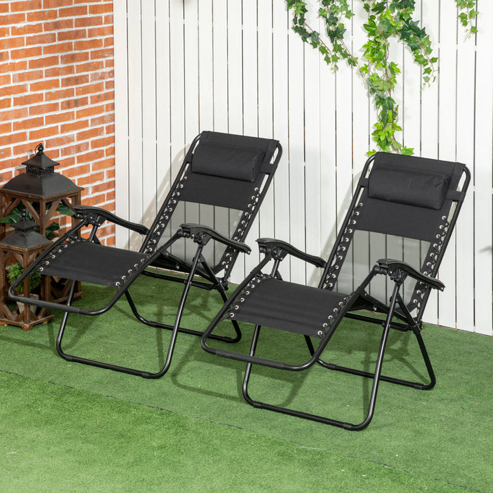 Outsunny Set of 2 Garden Recliners, Foldable Zero Gravity Outdoor Chair Set with Footrest & Removable Headrest, Black