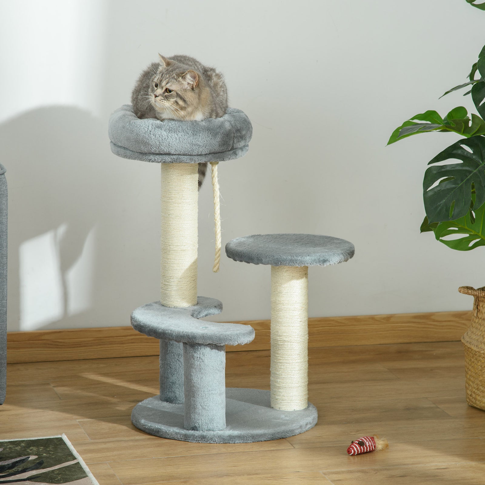 65cm Cat Tree, Cat Tower for Kittens, Small Cat Condo with Sisal Scratching Posts, Hanging Rope, Perches - Grey