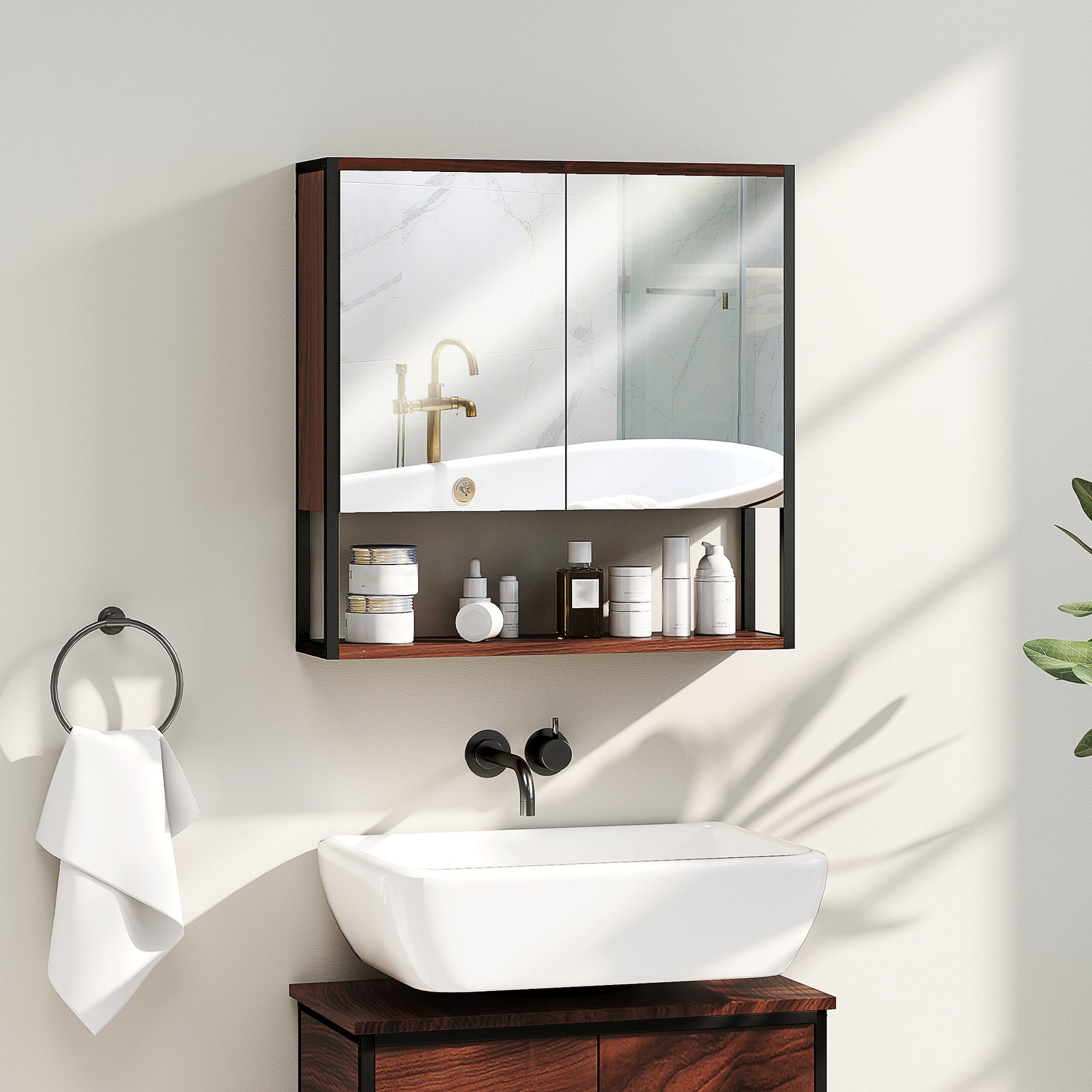 Bathroom Mirror Cabinet with Soft-Close Doors and Adjustable Shelf - Natural Wood Finish