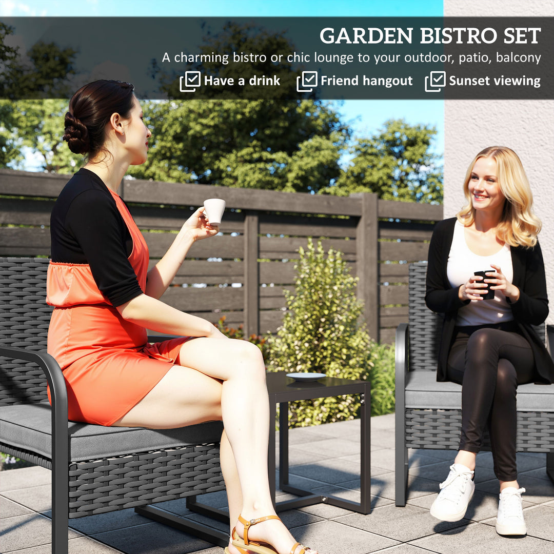 Rattan Bistro Set, 3 Piece Garden Furniture Set with Cushions and Glas