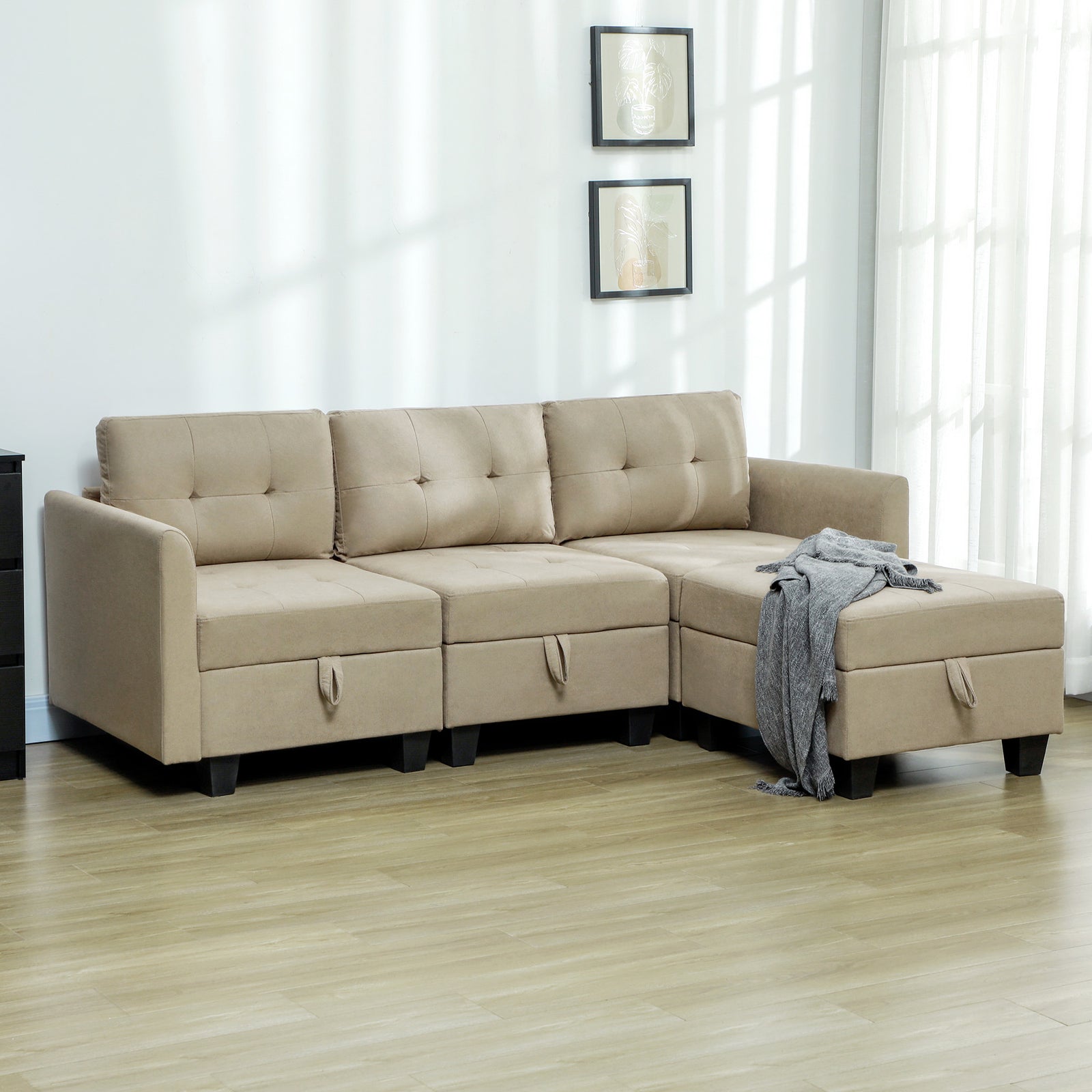 L' Shape Modular Sofa, with Storage - Light Brown