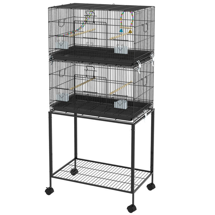 PawHut Double Stackable Bird Cage on Wheels w/ Stand, for Canaries | Aosom UK