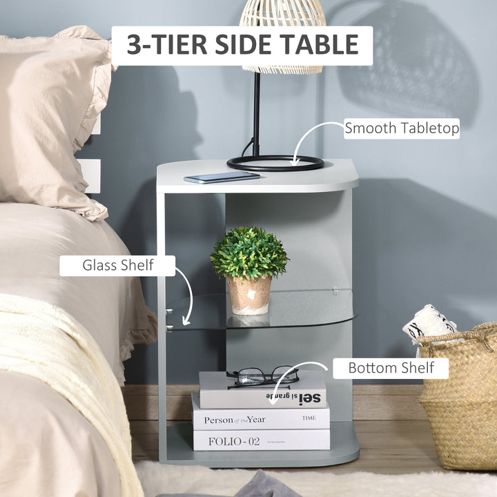 HOMCOM Modern Side Table Three Layer Bedside Table Nightstand with 2 Storage Shelves, for Living room, Bedroom, Grey