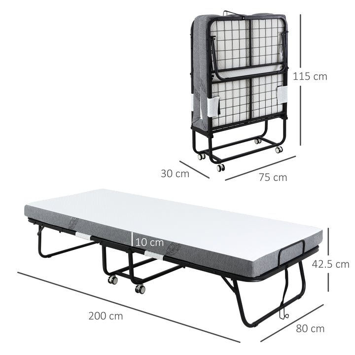 HOMCOM Folding Bed with 10cm Mattress, Portable Foldable Guest Bed with Sturdy Metal Frame on Wheels