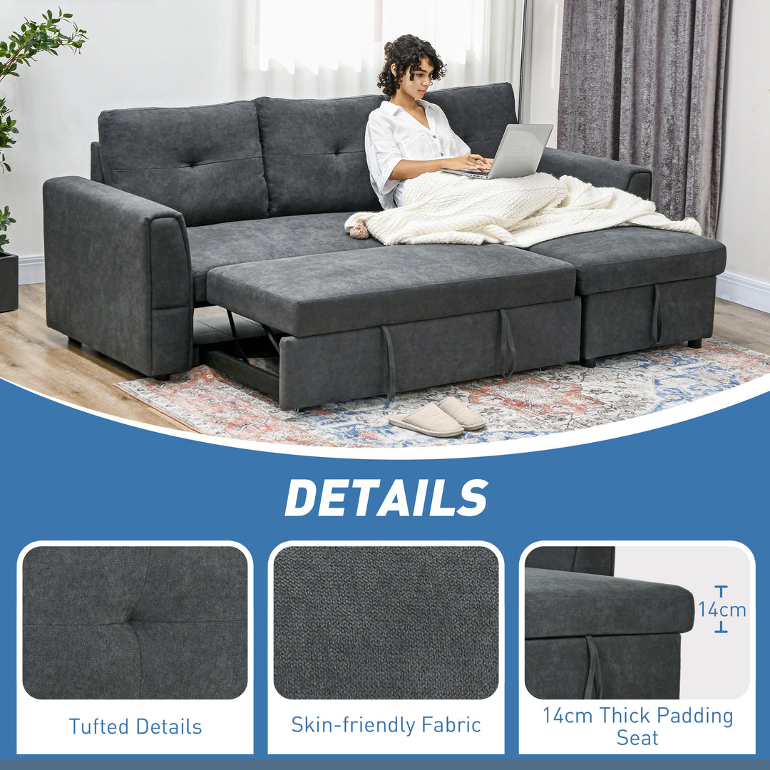 HOMCOM 3 Seater Sofa Bed, L-Shaped Corner Sofa, Pull Out Sofa with Storage, Convertible Click Clack Settee Sectional Sleeper Futon for Living Room, Office, Dark Grey