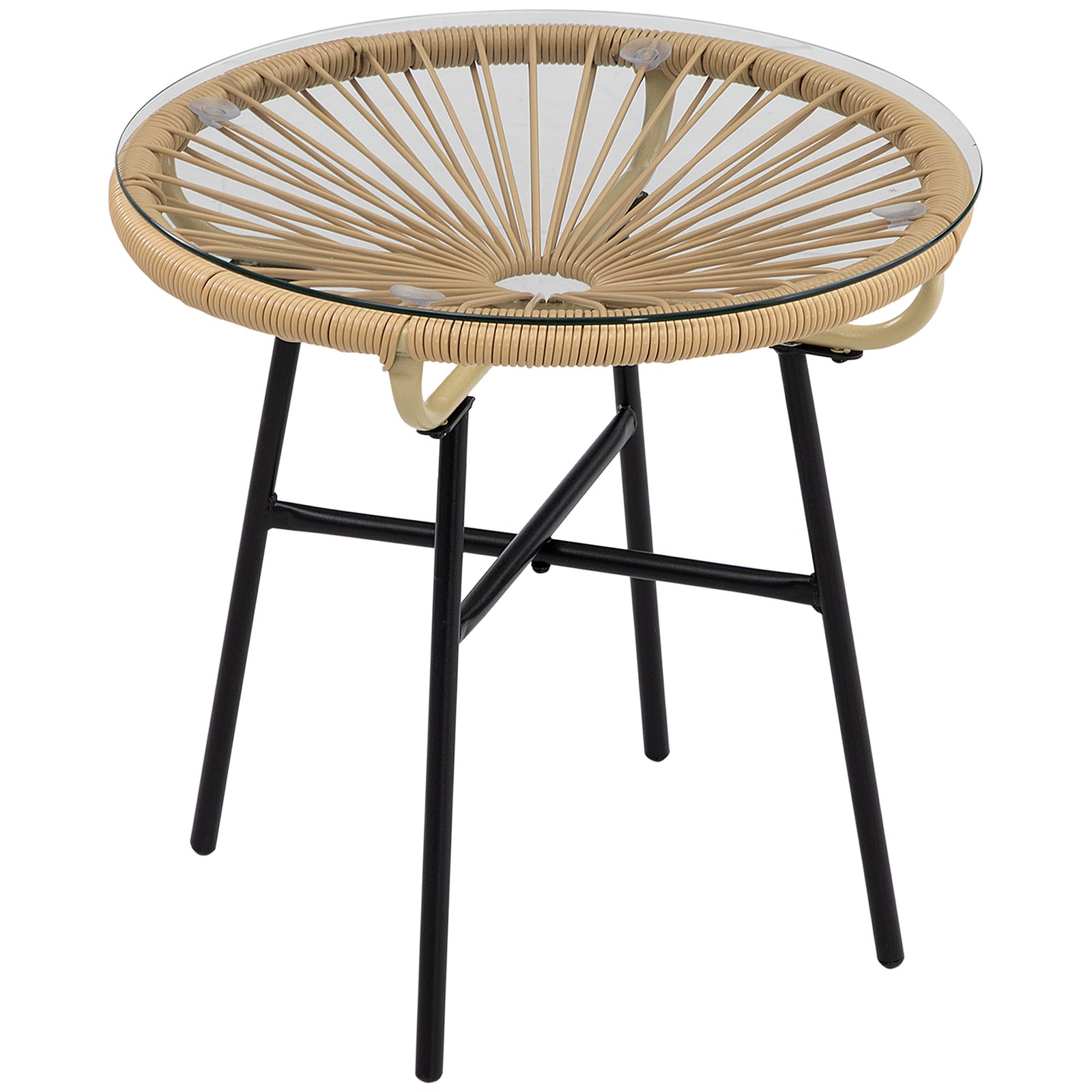 Rattan Side Table, Round Outdoor Coffee Table, with Round PE Rattan and Tempered Glass Tabletop for Patio, Garden, Balcony, Beige