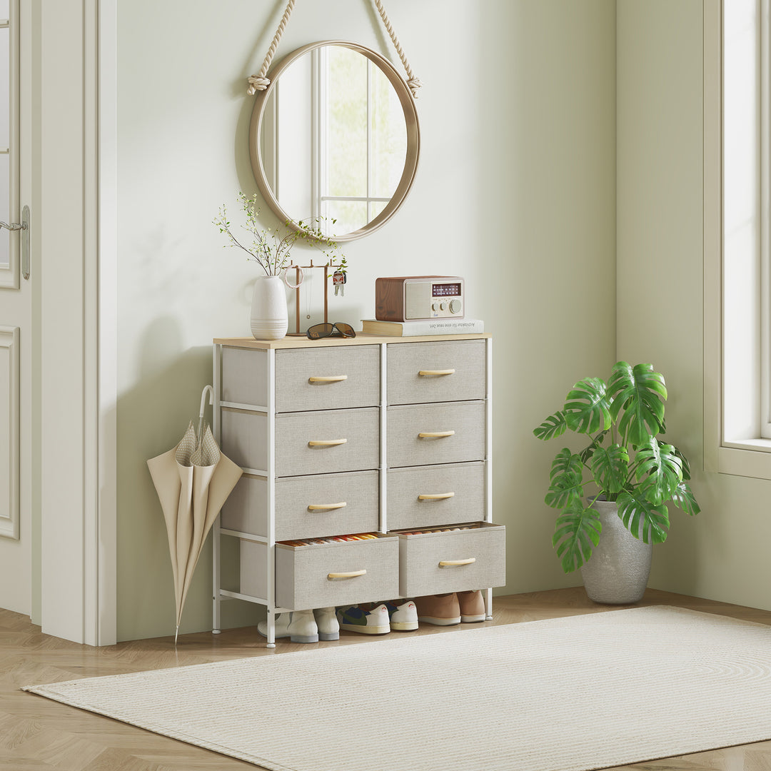 Fabric Chest of Drawers, Industrial Bedroom Dresser with 8 Fabric Drawers, Steel Frame and Wooden Top for Nursery, Living Room, Hallway, Maple Wood-effect