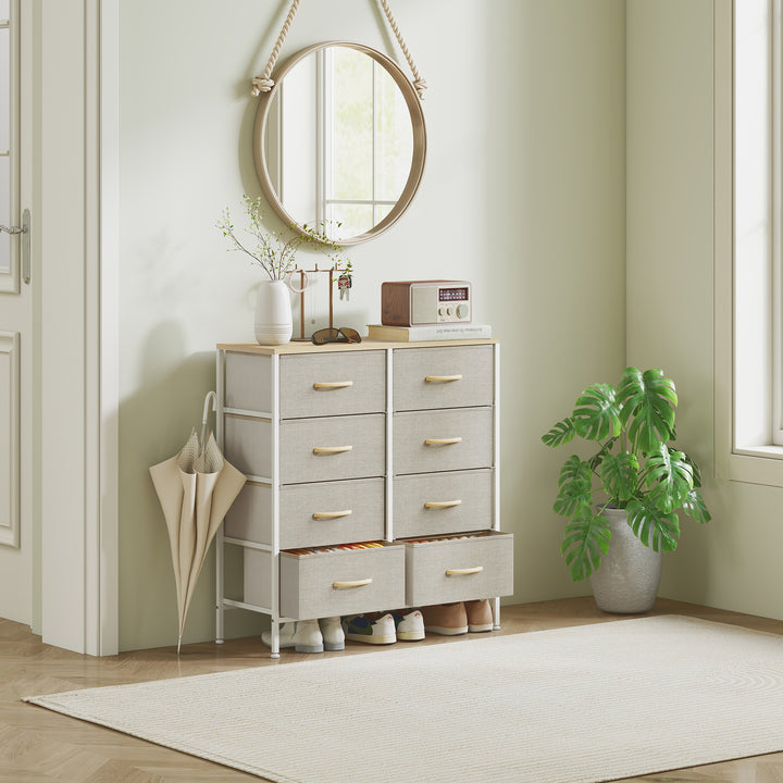 Fabric Chest of Drawers, Industrial Bedroom Dresser with 8 Fabric Drawers, Steel Frame and Wooden Top for Nursery, Living Room, Hallway, Maple Wood-effect