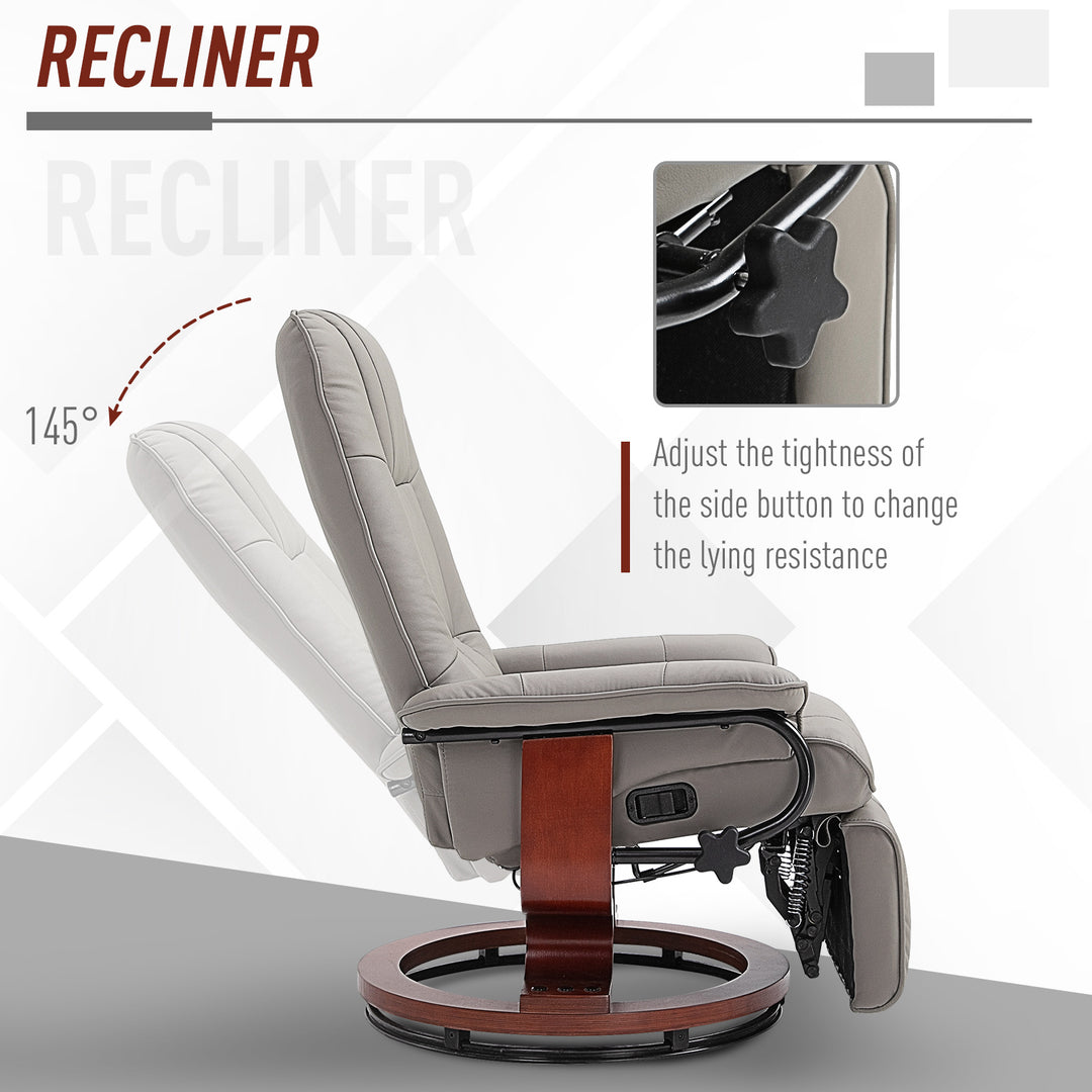 360° Swivel Recliner Chair with Footstool, Manual Recliner Armchair with Wooden Base, Faux Leather Upholstered Reclining Chair for Living Room, Bedroom, Office, Grey