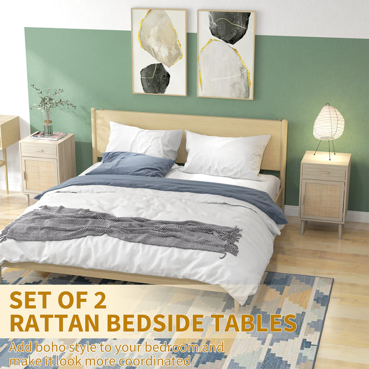 Bedside Table Set of 2, Rattan Side Tables with Drawer, Cabinet and Adjustable Shelf, Boho Bedside Cabinet with Storage for Bedroom, Living Room, Natural Wood Effect