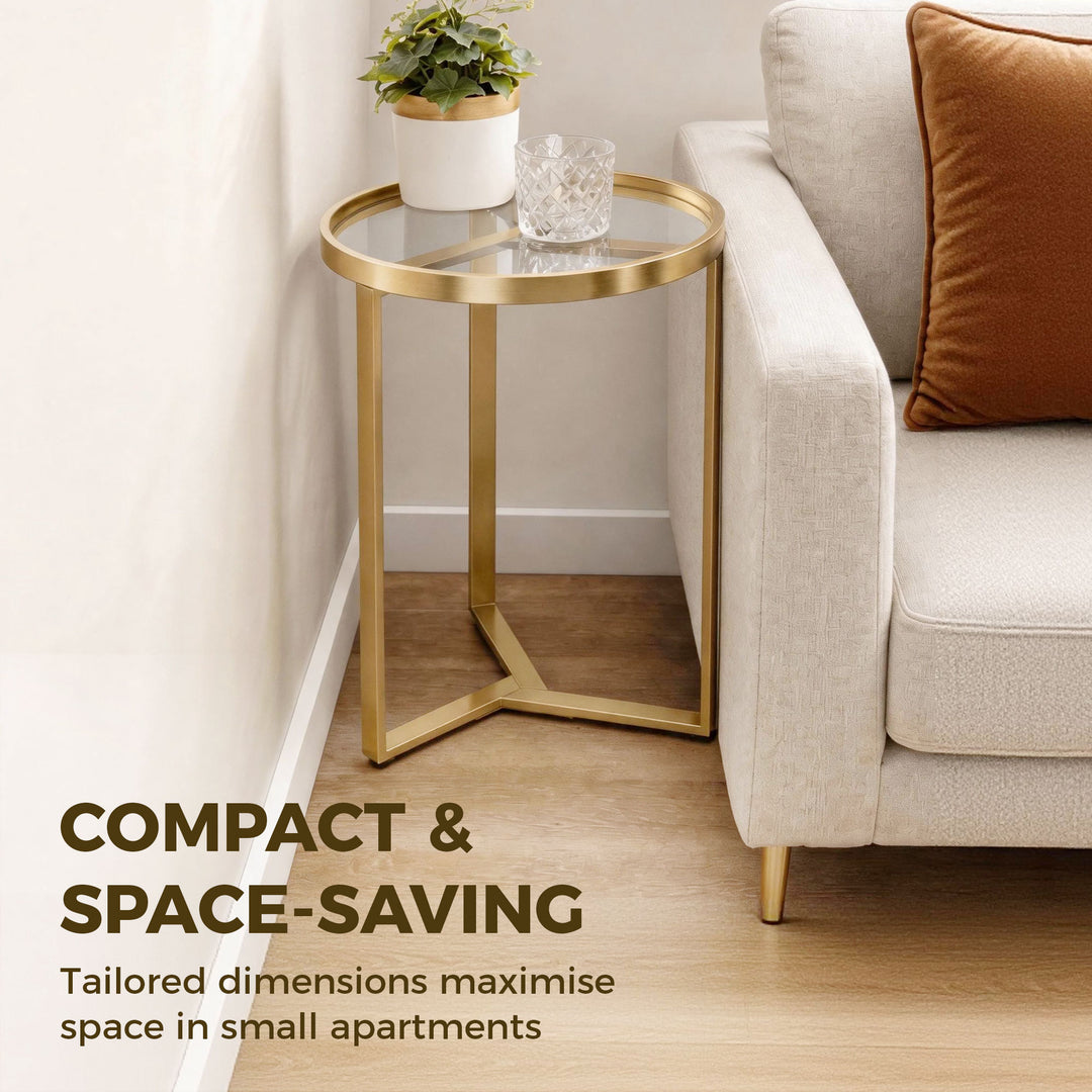 Round Side Table with Tempered Glass Top and Geometric Metal Frame for